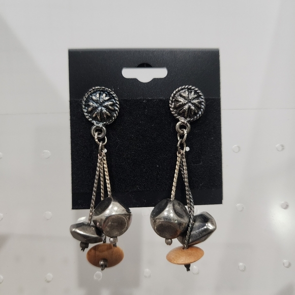 Antique Silver tone Medallion and Tassel Ball Earrings with Wooden Accents - Picture 1 of 3